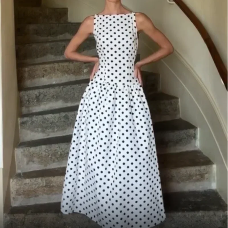 Elegant Solid Polka Dot Pleated Slim Vestido Women Chic Sleeveless Off Shoulder Round Neck Maxi Dresses Summer Dinner Party Wear