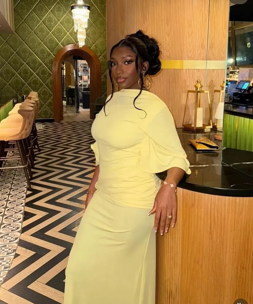 Women Fashion Yellow Backless Slit Dress Half Sleeved Waist Cinched Pleated Lace Up Dresses Lady Evening Party Robe 2026 Spring