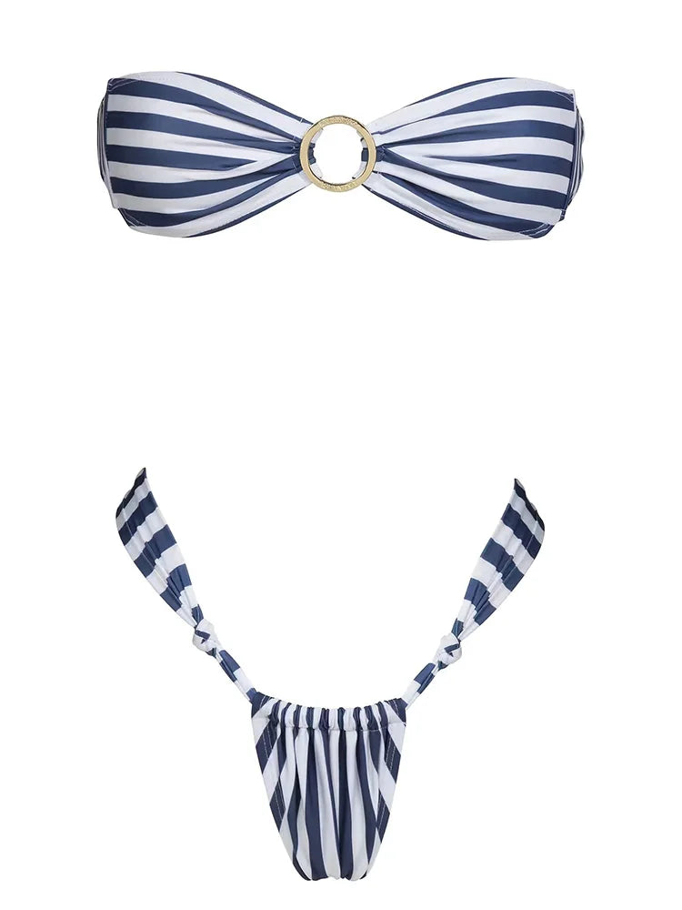 ZRTAK Sexy Bandeau Bikinis for Women Striped Swimwear Beachwear Bathing Suit Biquinis High Cut Bikini Sets Push Up Swimsuit