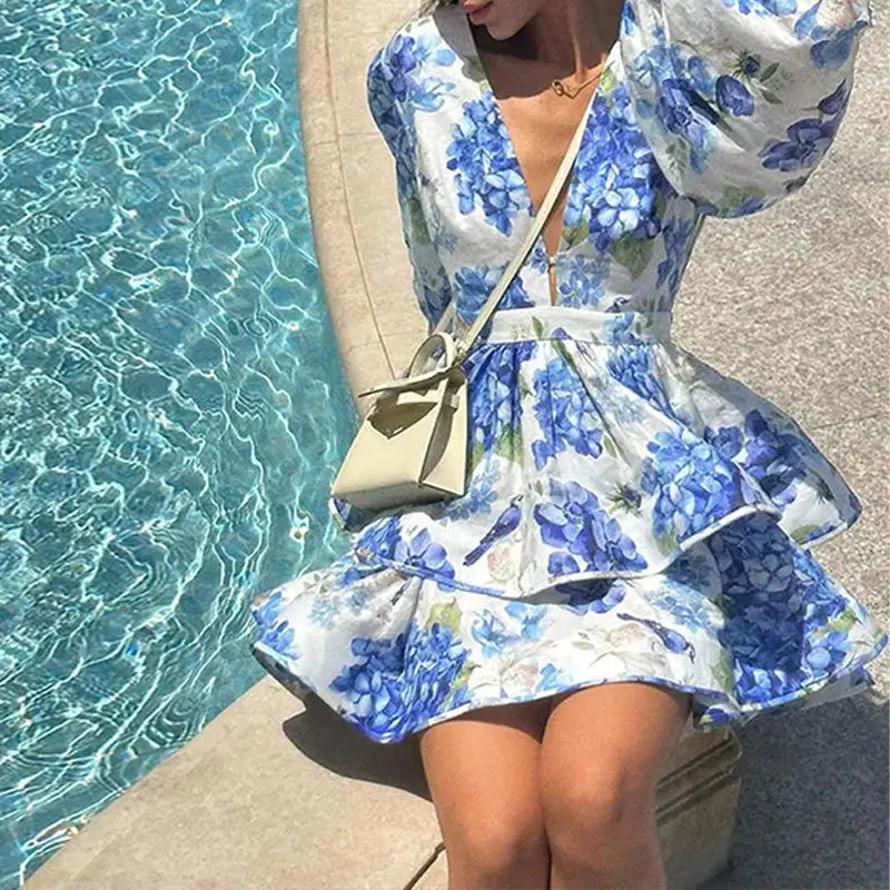 Elegant And Sexy Deep V Neck Bubble Long-sleeved Women's Dresses Fashion Printed Ruffled Patchwork Short Female Party Mini Dress