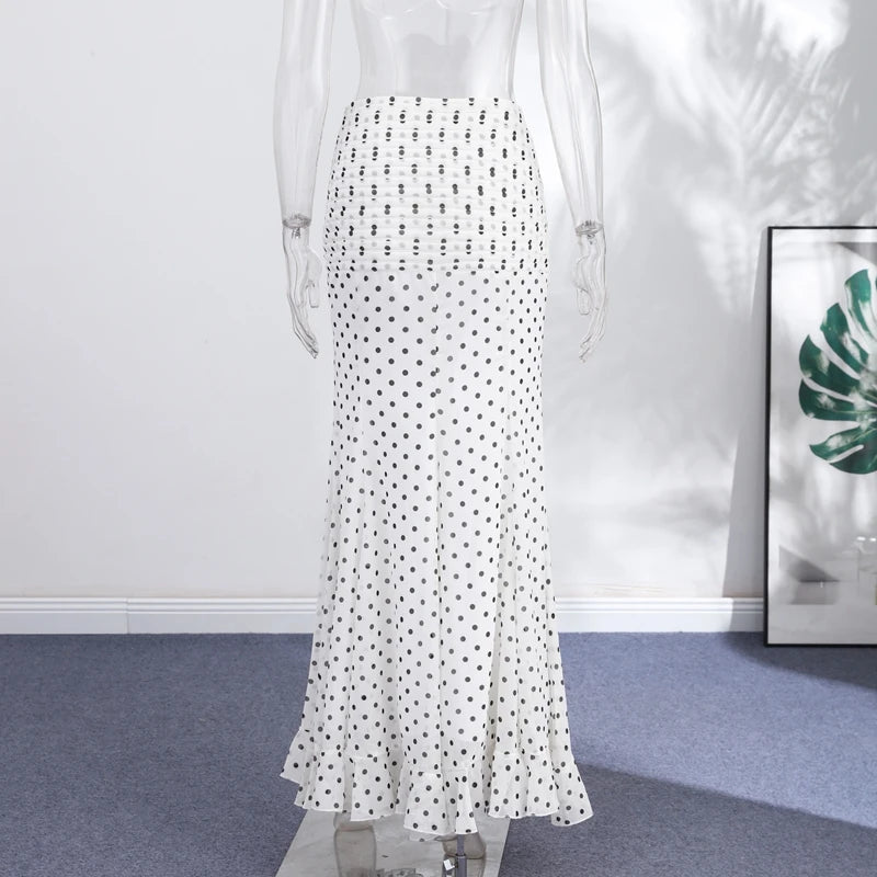 Women Dress Polka Dot Chiffon Maxi Skirt High Waist Ruffle Hem Flared Skirt Elegant Casual Beach Vacation Streetwear For Ladies