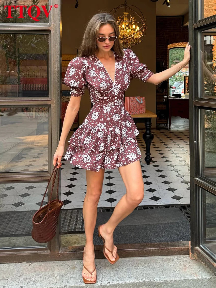TTQV Summer Slim Print Women's Dress 2026 Sexy V-Neck Short Sleeve Mini Dresses Elegant Classic Pleated Female Dress Streetwear
