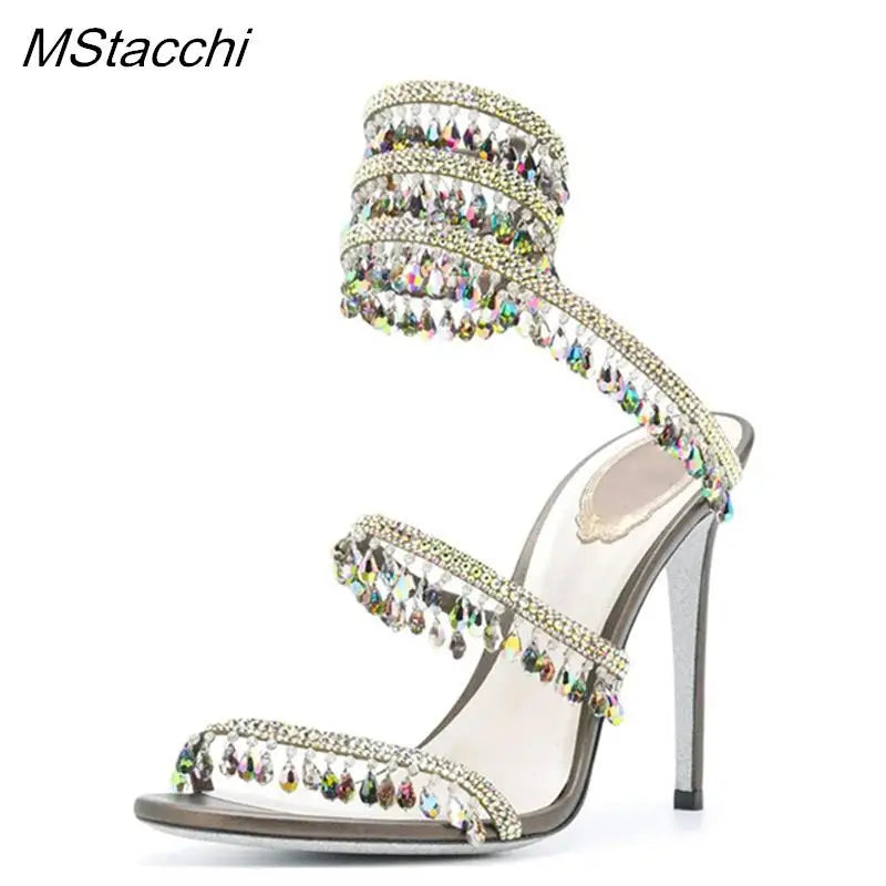 Crystal Wrap Sandals Women Summer 2026 Wedding Shoes High Heel Party Shoes Ankle Strappy Sandals Designer Stiletto Heel Shoes