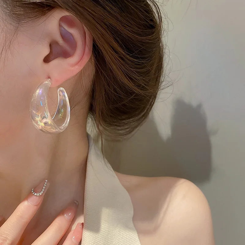 Fashion Korean AB Colors Wide C- Type Hoop Earring Women Vintage Irregular Dangle Earrings For Female Party Jewelry