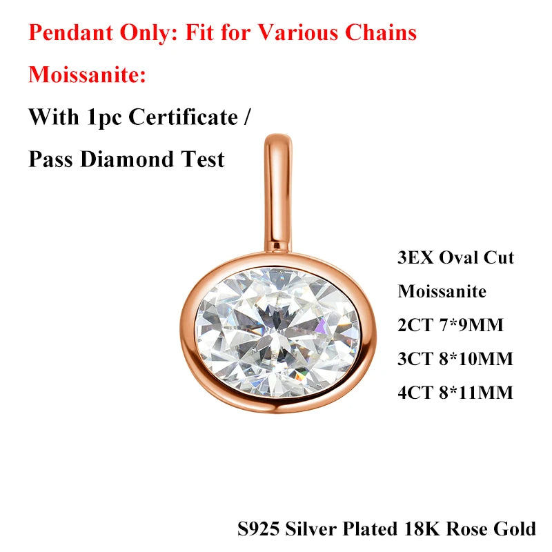 EWYA Oval Cut 2/3/4ct Solitaire Moissanite Pendant Necklaces Women Wedding s925 Silver 1.5mm Solid Choker Big Diamond Neck Chain