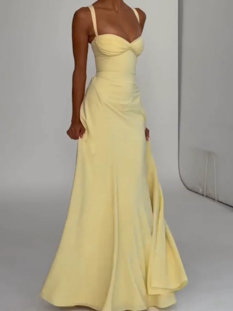 Women Yellow Low Cut Backless High Waisted Dress Lace Up Sleeveless Waist Cincher Spaghetti Strap Vestidos Party Club Women Robe