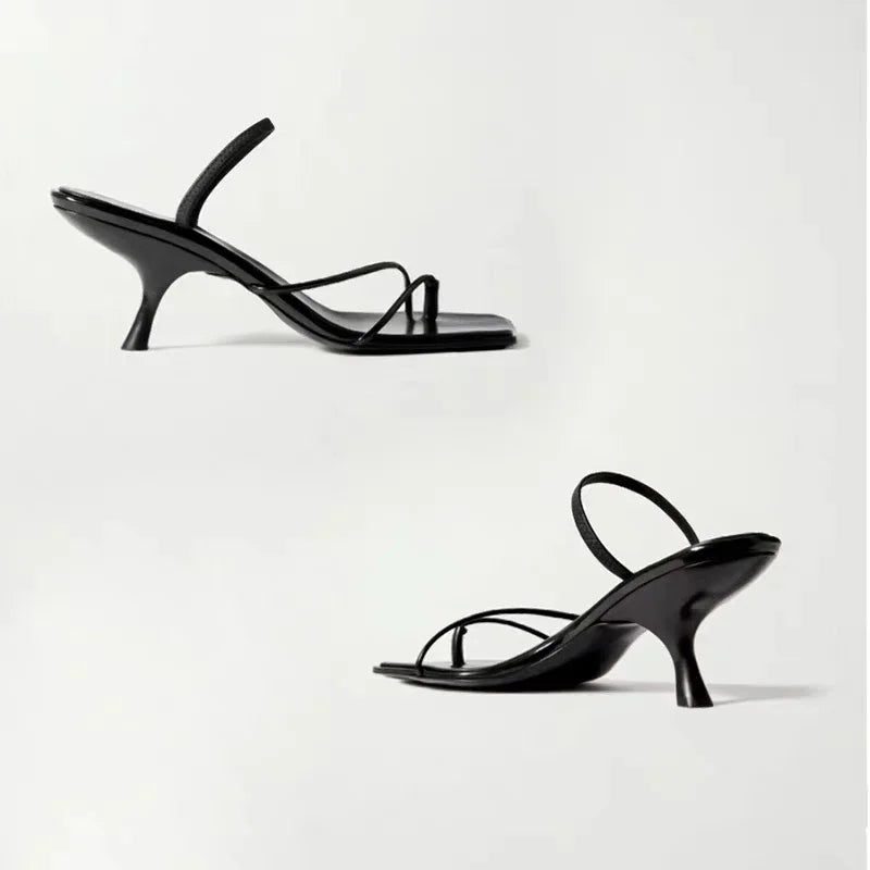 2026 New Genuine Leather Retro Square Toe Pinch Sandals Fashion High Heel Slippers Women Women's Sandals