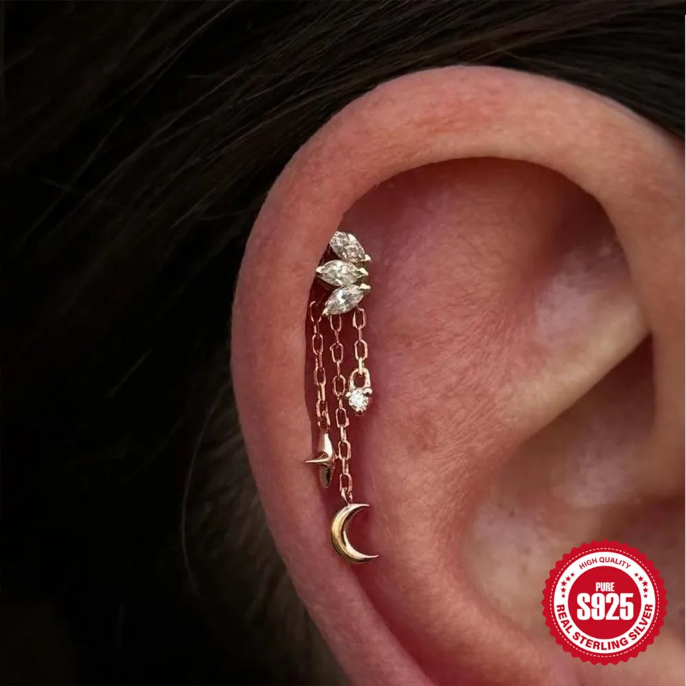 BOAKO Star Moon Chain Tassel  925 Sterling Silver Shiny For Woman Piercing Earring Fashion Dainty Luxury Style fine jewelry