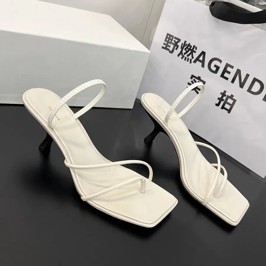 2026 New Genuine Leather Retro Square Toe Pinch Sandals Fashion High Heel Slippers Women Women's Sandals