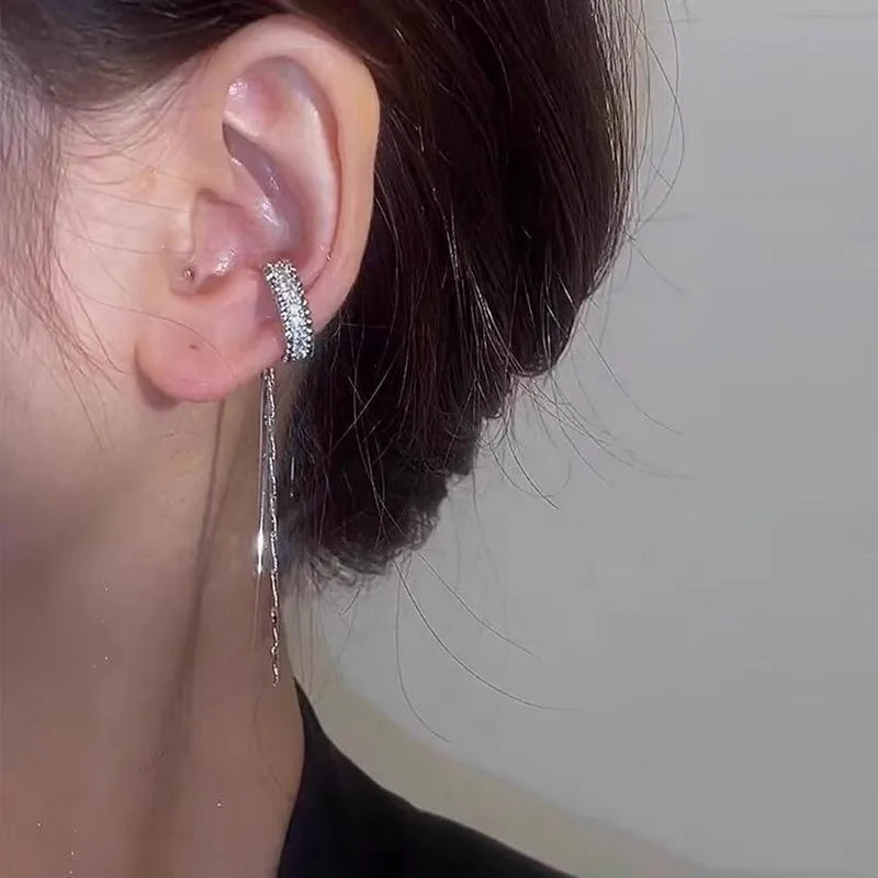 ZAKOL Fashion Crystal Tassel Non-Piercing Cuff Ear Clip Earring For Women Shiny Rhinestone Chain Fake Cartilage Piercing Jewelry