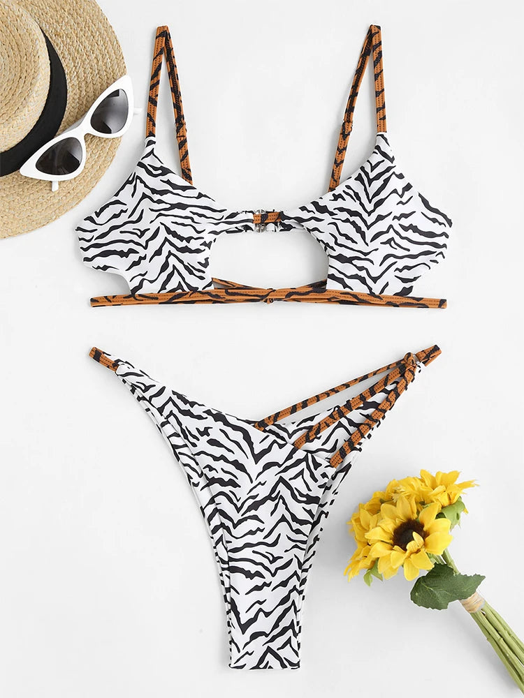 ZAFUL Bikini Swimwear Animal Print Cut Out Strappy High Waist Strapless Sexy Bikini Set Pure Color Women Swimsuit Bathing Suit
