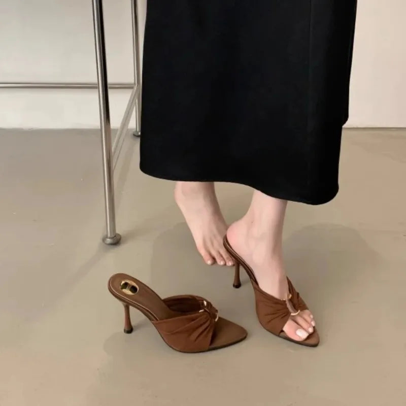 2025Summer Woman Slippers Fashion Open Toe Thin High Heels Shoes Street Style Stripper Party Slides Zapatos De Mujer