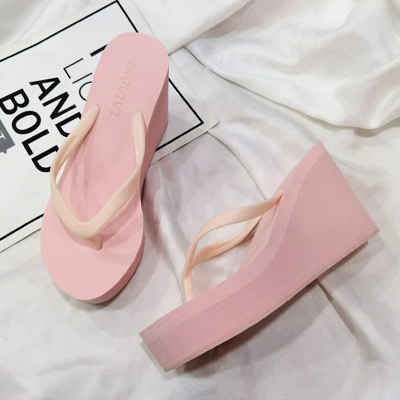 EOFK New Women Flip Flops Wedges Comfort Summer Platform Slippers Outdoor Concise Beach High Heel 9cm Casual Slides