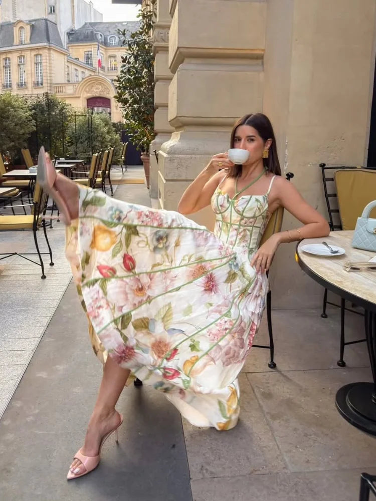 Women Chic Printed Gathered Large Swing Dress Sexy Sleeveless High Waist Slim Fit Sling Dresses 2026 New Lady Party Club Gowns
