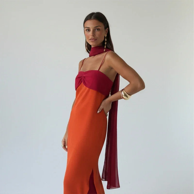 Fashion Women Color Blocking Scarf Collar Sling Dress Sexy Split Waist Cinching Bodycon Maxi Gowns 2026 Lady Club Party Vestidos