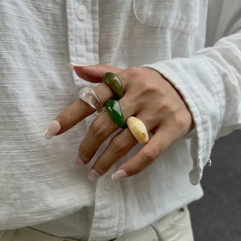 Ins Style Vintage Irregular Transparent Colored Resin Ring New Trend Boho Geometric Finger Rings Aesthetic Jewelry Accessories