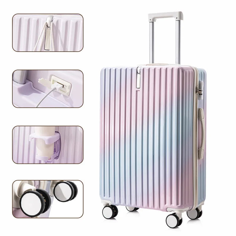 20/22/24 Inch Gradient Color Luggage Boarding Trolley Suitcase Safety Combination Lock Front Hook Silent Universal Roller