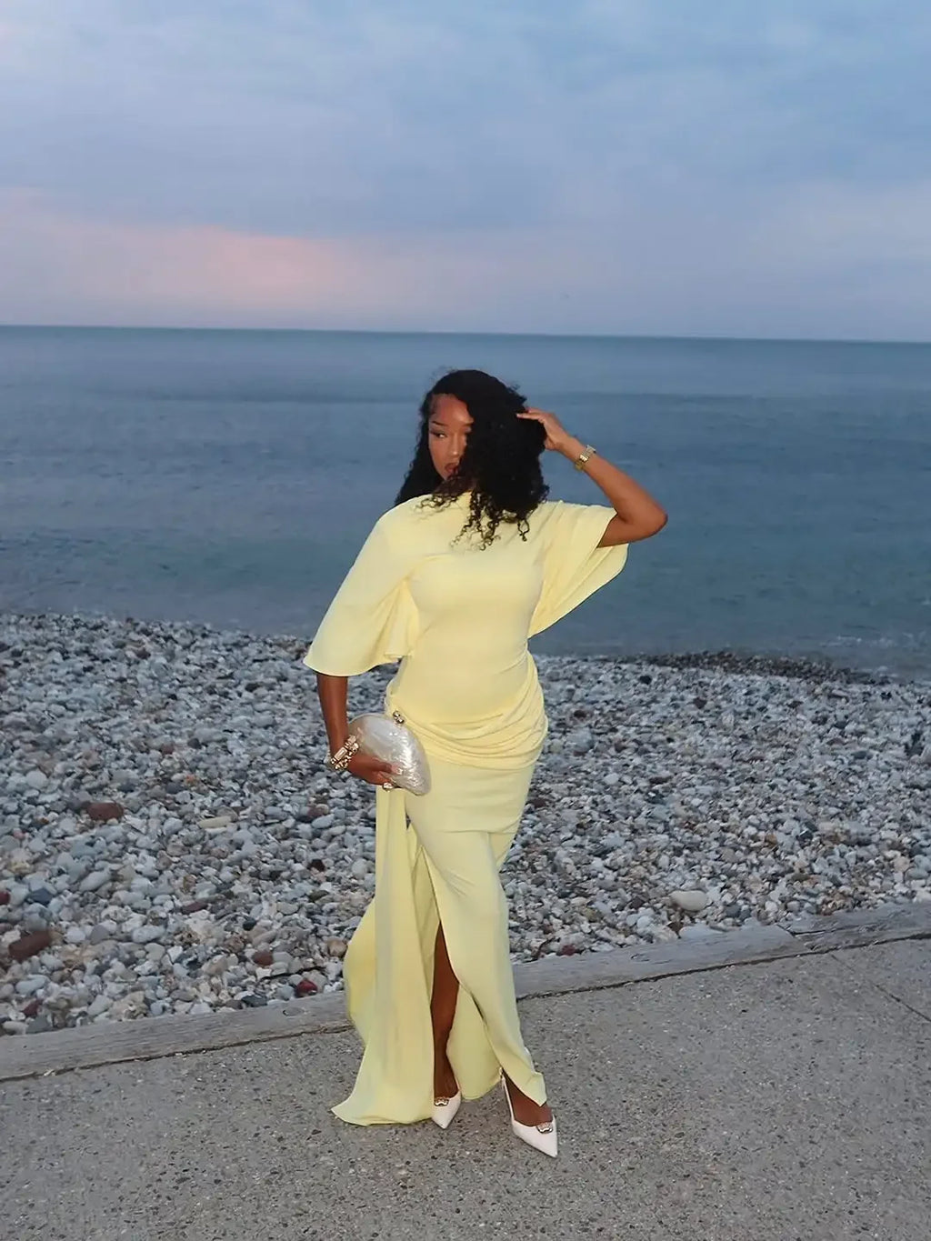 Women Fashion Yellow Backless Slit Dress Half Sleeved Waist Cinched Pleated Lace Up Dresses Lady Evening Party Robe 2026 Spring