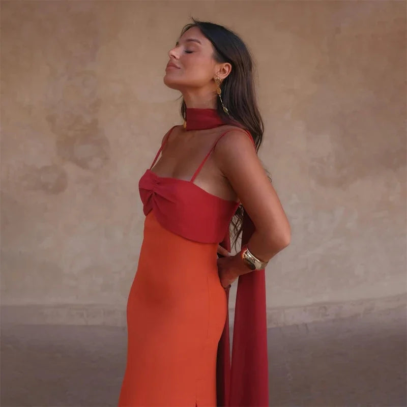 Fashion Women Color Blocking Scarf Collar Sling Dress Sexy Split Waist Cinching Bodycon Maxi Gowns 2026 Lady Club Party Vestidos
