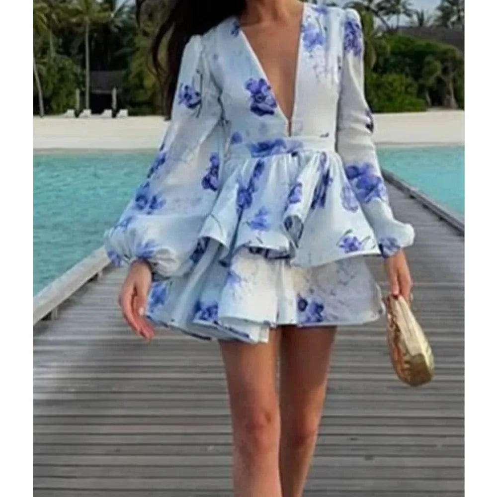 Elegant And Sexy Deep V Neck Bubble Long-sleeved Women's Dresses Fashion Printed Ruffled Patchwork Short Female Party Mini Dress