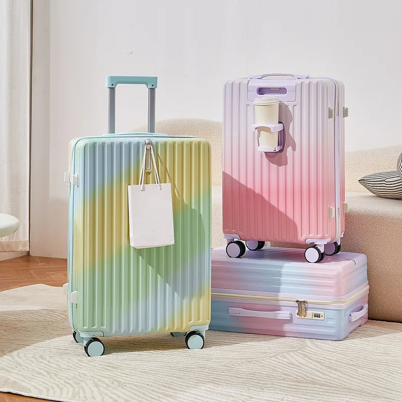 20/22/24 Inch Gradient Color Luggage Boarding Trolley Suitcase Safety Combination Lock Front Hook Silent Universal Roller