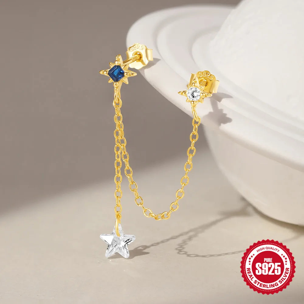 BOAKO Star Moon Chain Tassel  925 Sterling Silver Shiny For Woman Piercing Earring Fashion Dainty Luxury Style fine jewelry