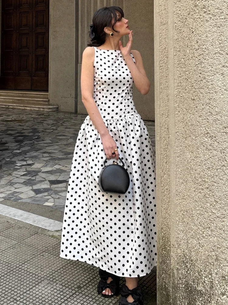 Elegant Solid Polka Dot Pleated Slim Vestido Women Chic Sleeveless Off Shoulder Round Neck Maxi Dresses Summer Dinner Party Wear