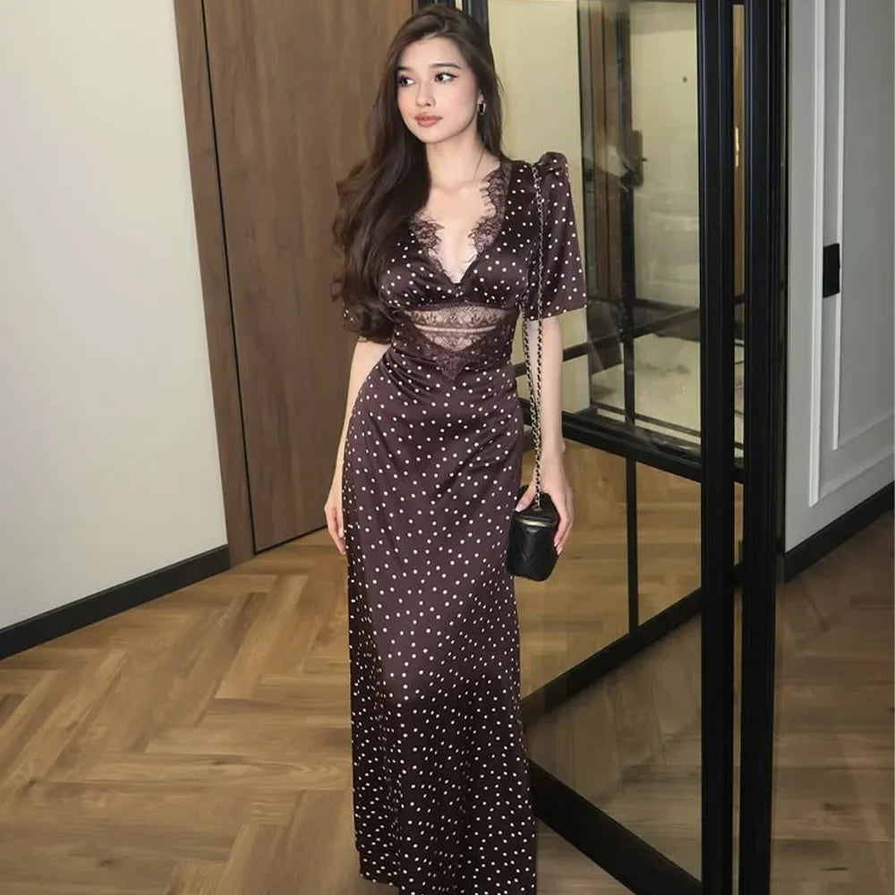 Elegant Women Brown Polka Dot Print Maxi Dress Fashion Short Sleeve Dresses Evening Ladies Street Party Vestidos 2026 Summer
