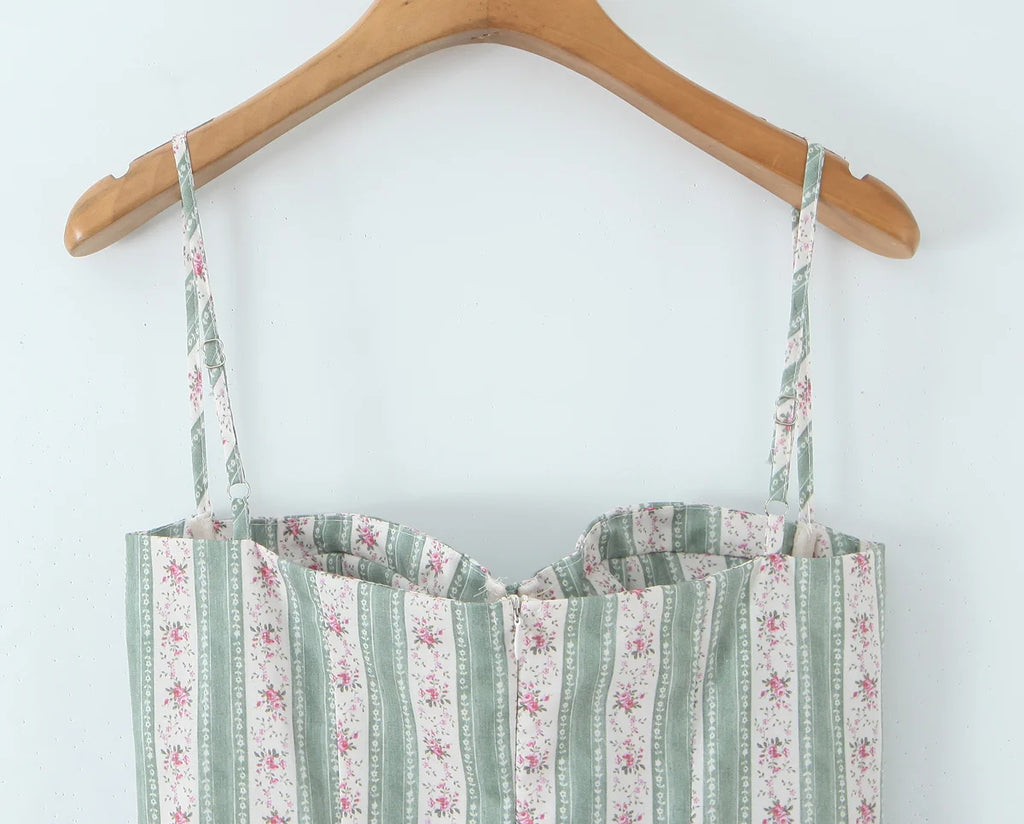YENKYE Green Striped Floral Print Sexy Spaghetti Straps Dresses Women Elegant A-line Midi Vacation Party Dresses Summer Robe
