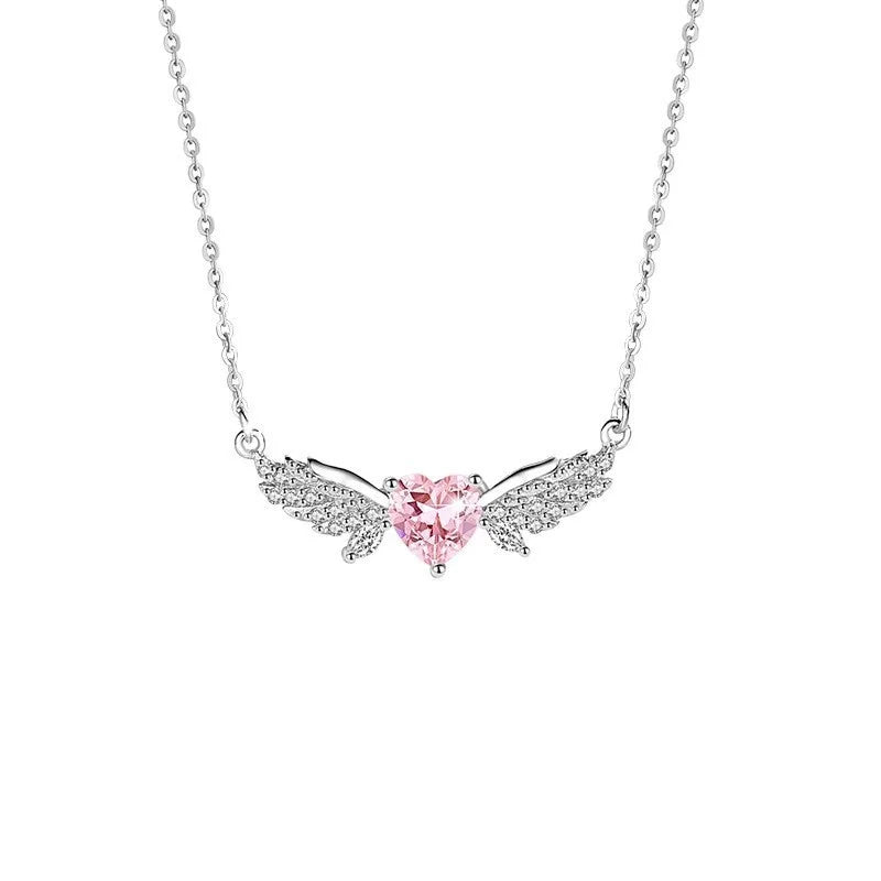Crystal Angel Wings Pink Heart Pendant Necklaces Y2K Girl Women Heart Clavicle Chain Choker Fashion Jewelry Gifts