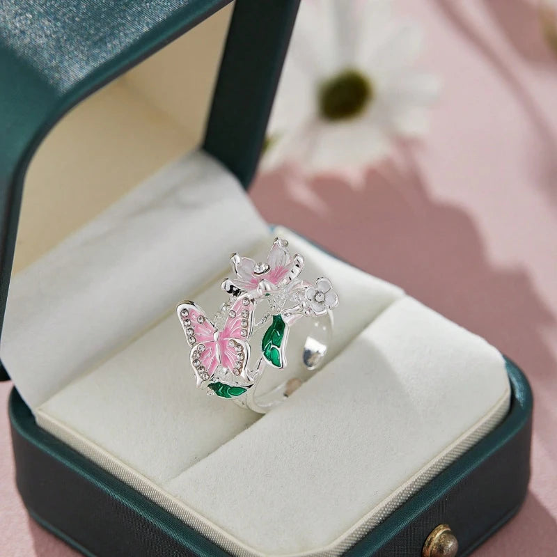 Aesthetic Flower Butterfly Rings for Female Romantic Rhinestone Stylish Non-fading Opening Ring Women Wedding Jewelry Party Gift