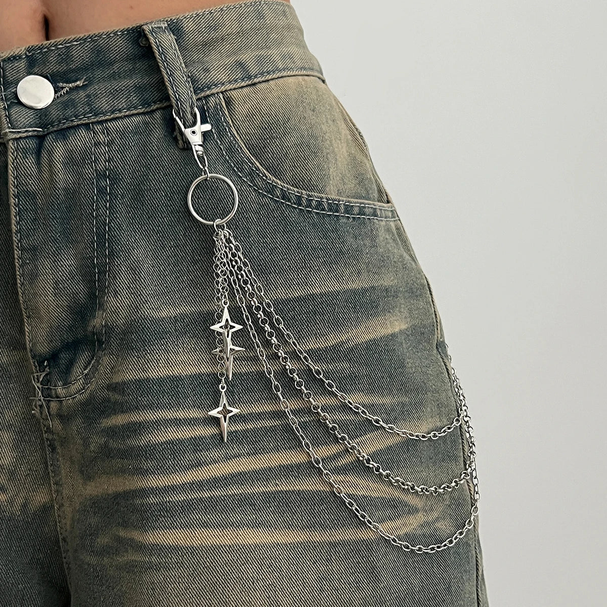 Salircon Punk Multilayer Metal Star Pendant Pant Chain Hip Hop Waist keychain Jeans Chain Women Trendy Jewelry Accessories Gifts