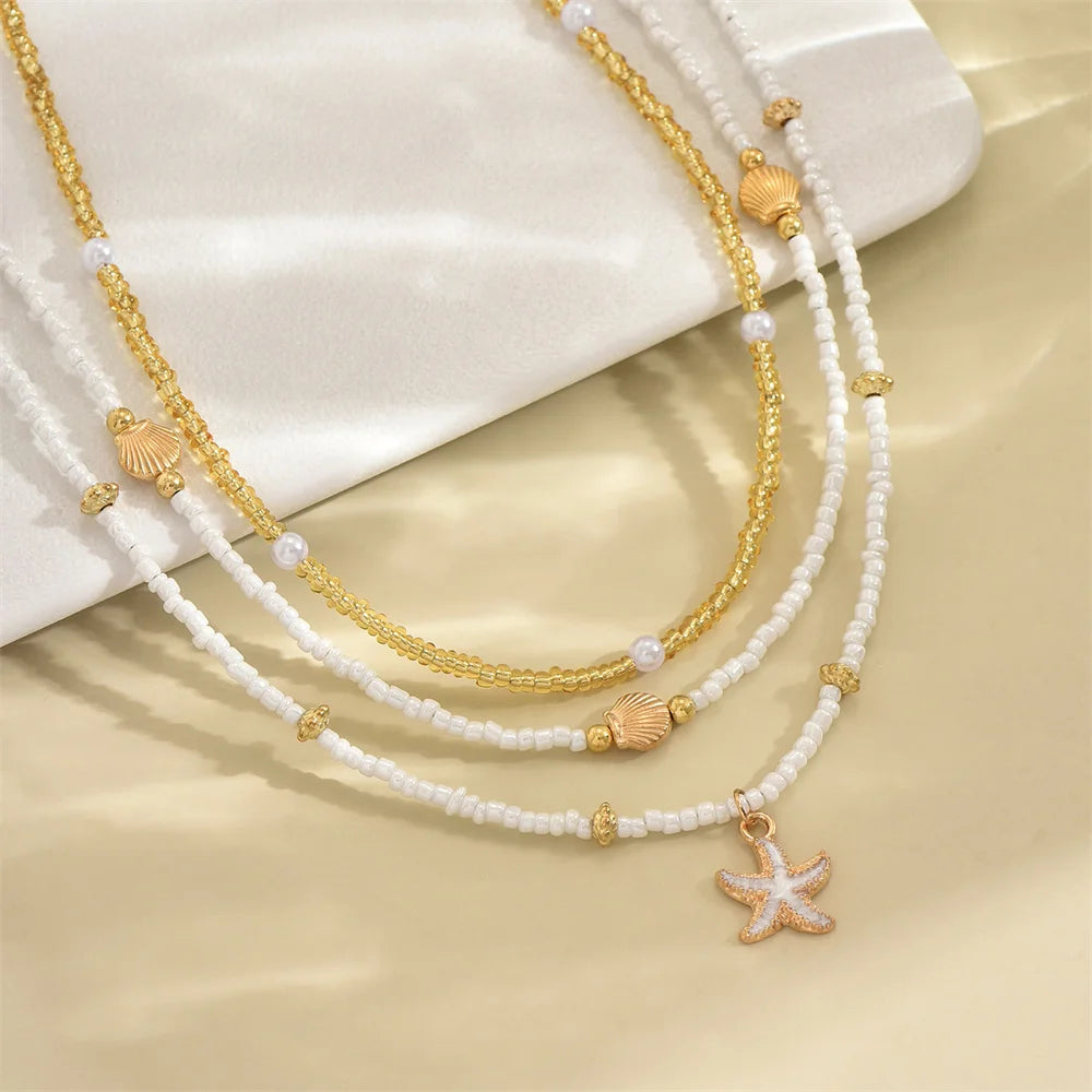 Summer Bead Stacked Choker Delicate Starfish Shell Pendant Necklace Women's Bohemian Beach Party Vacation Jewelry