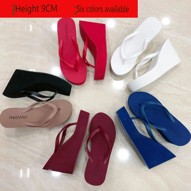 EOFK New Women Flip Flops Wedges Comfort Summer Platform Slippers Outdoor Concise Beach High Heel 9cm Casual Slides