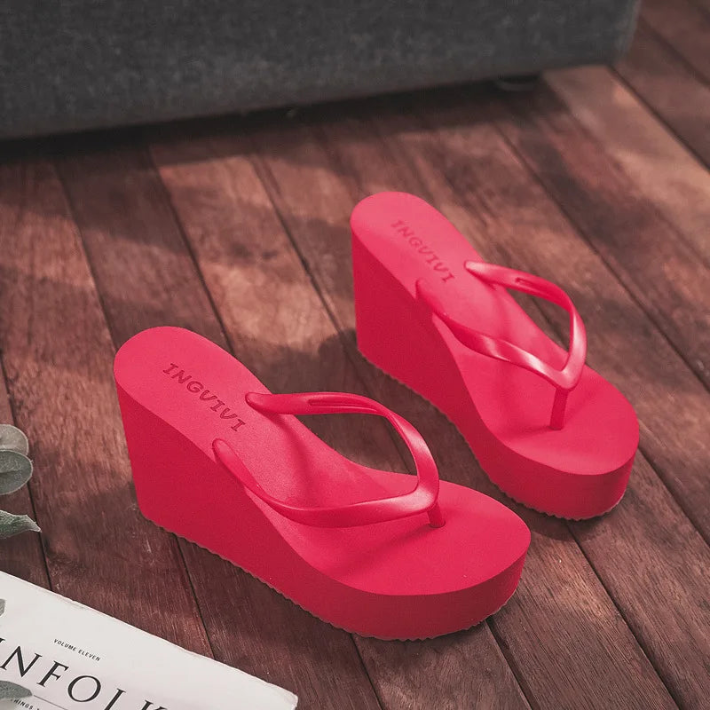 EOFK New Women Flip Flops Wedges Comfort Summer Platform Slippers Outdoor Concise Beach High Heel 9cm Casual Slides