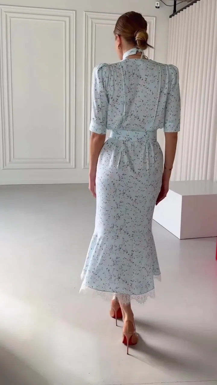 Elegant Lace Trimmed Printed Dress Women Chic Deep V-neck Waist Cinching Split Short Sleeve Maxi Dress Lady Party Vestidos 2026