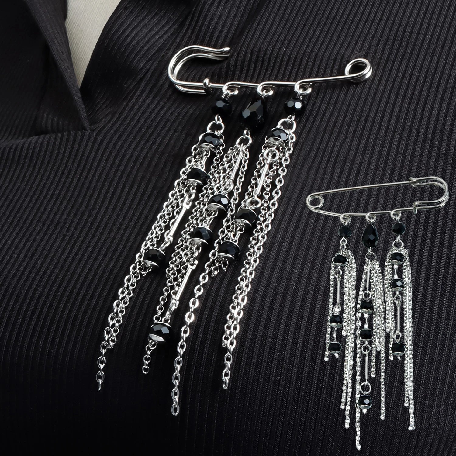 Black Crystal Tassel Brooch Metal Chain Pendant Tassel Brooch for Women Personality Charm Clothes Bag Pins Jewelry Accessories