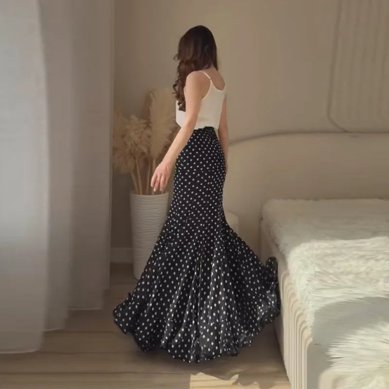 Women Dress Polka Dot Chiffon Maxi Skirt High Waist Ruffle Hem Flared Skirt Elegant Casual Beach Vacation Streetwear For Ladies