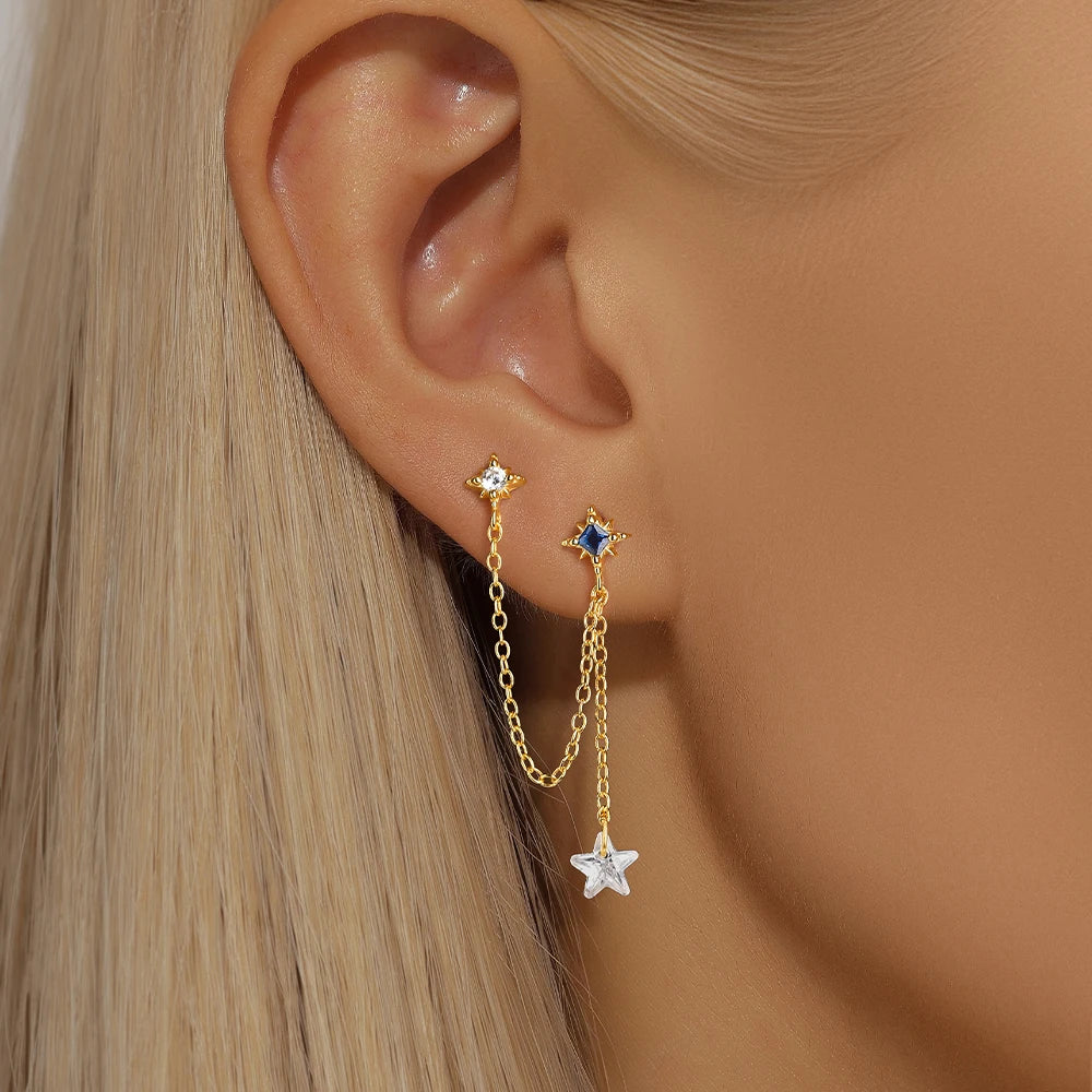 BOAKO Star Moon Chain Tassel  925 Sterling Silver Shiny For Woman Piercing Earring Fashion Dainty Luxury Style fine jewelry