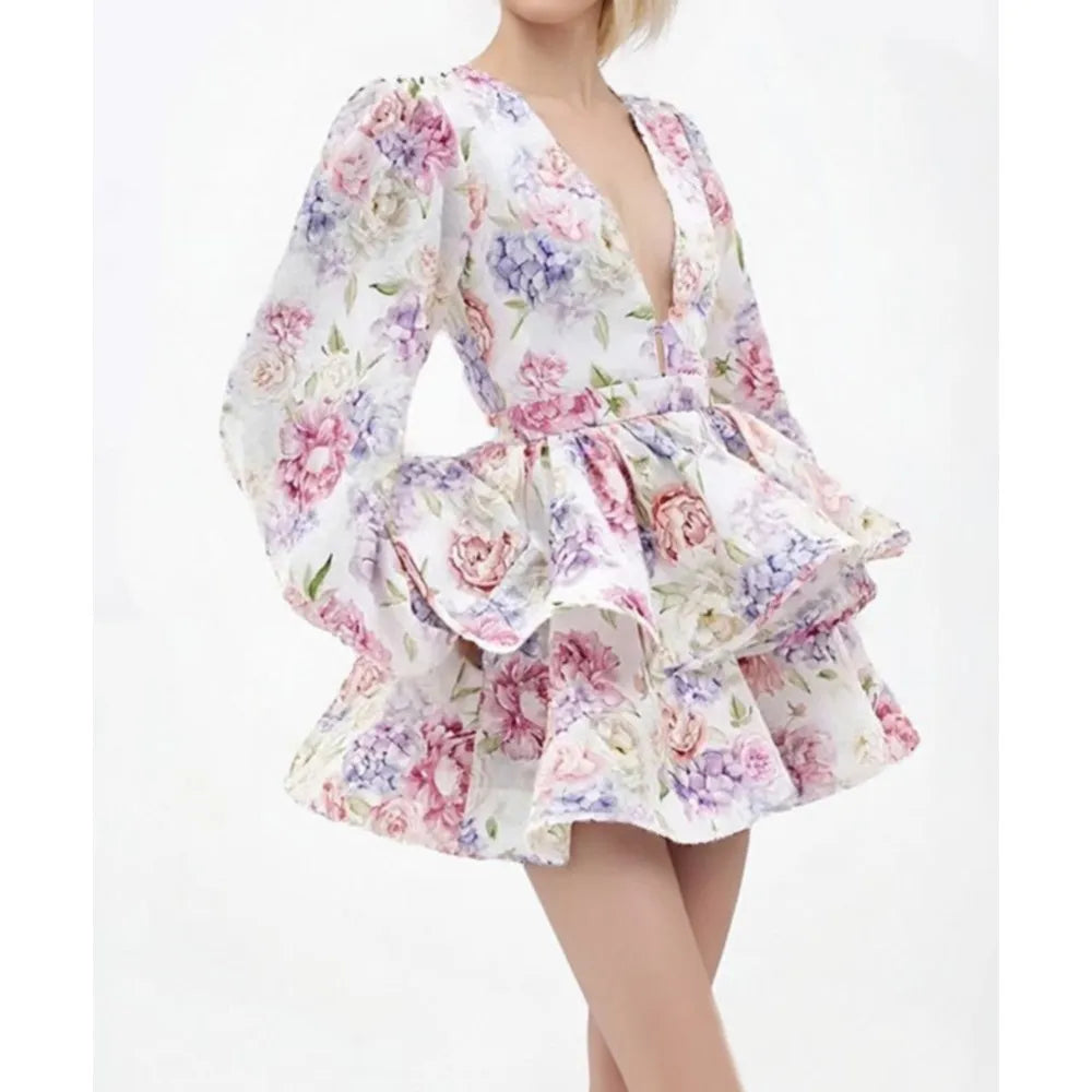 Elegant And Sexy Deep V Neck Bubble Long-sleeved Women's Dresses Fashion Printed Ruffled Patchwork Short Female Party Mini Dress
