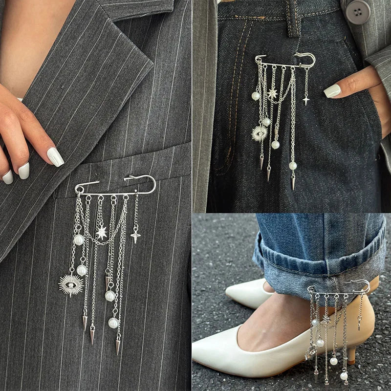 New Exaggerated Metal Chain Pendant Tassel Brooches for Women Man Personality Charm Trousers Shortened Pins Rock Jewelry Gift