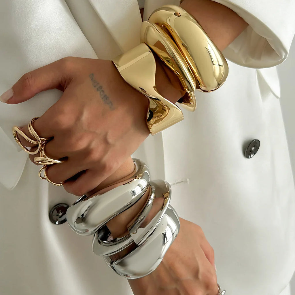 DIEZI 4 Style Punk Irregular Chunky Metal Wide Cuff Bangles Hip Hop Gold Silver Color Geometric Bangles Women Men Bracelet Set