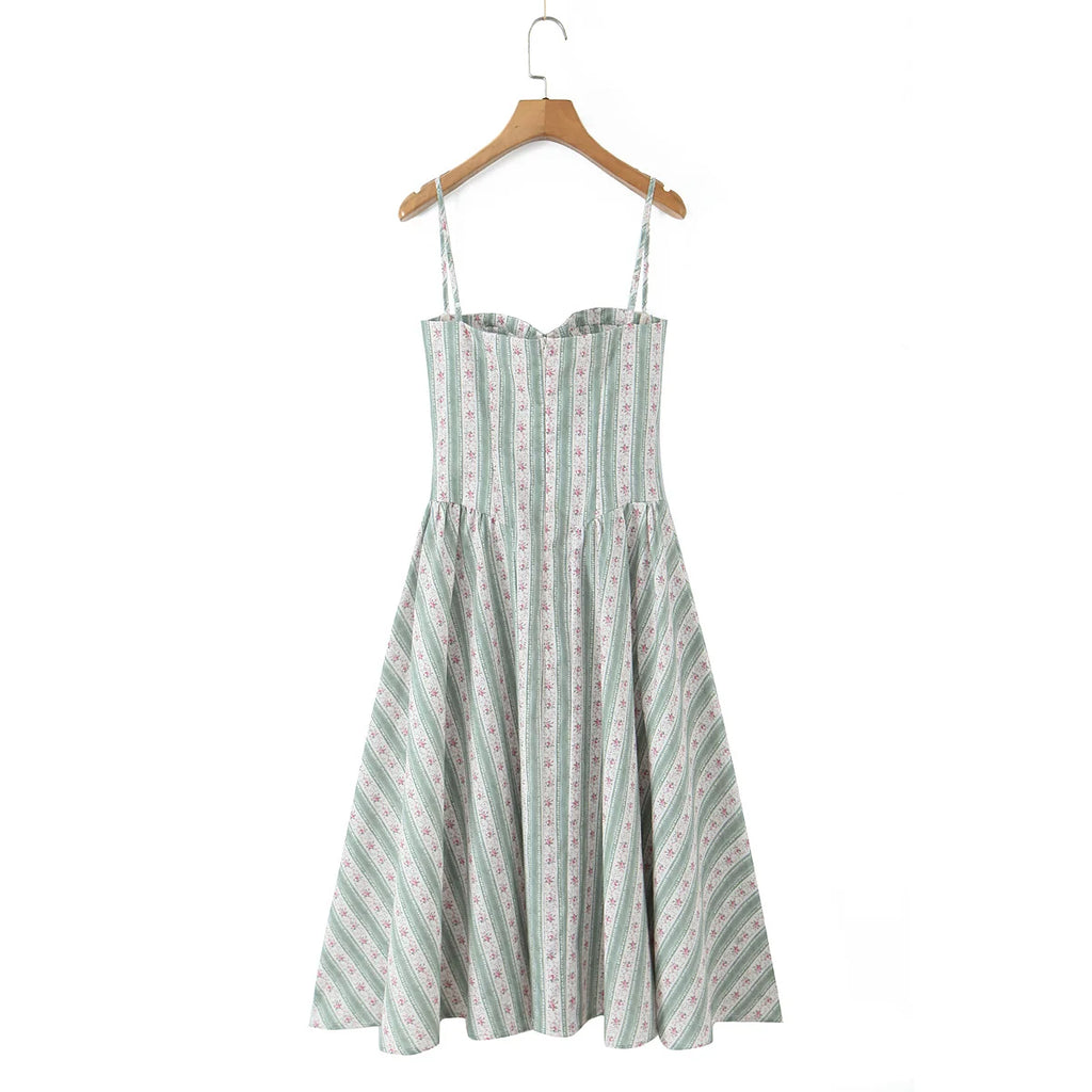 YENKYE Green Striped Floral Print Sexy Spaghetti Straps Dresses Women Elegant A-line Midi Vacation Party Dresses Summer Robe
