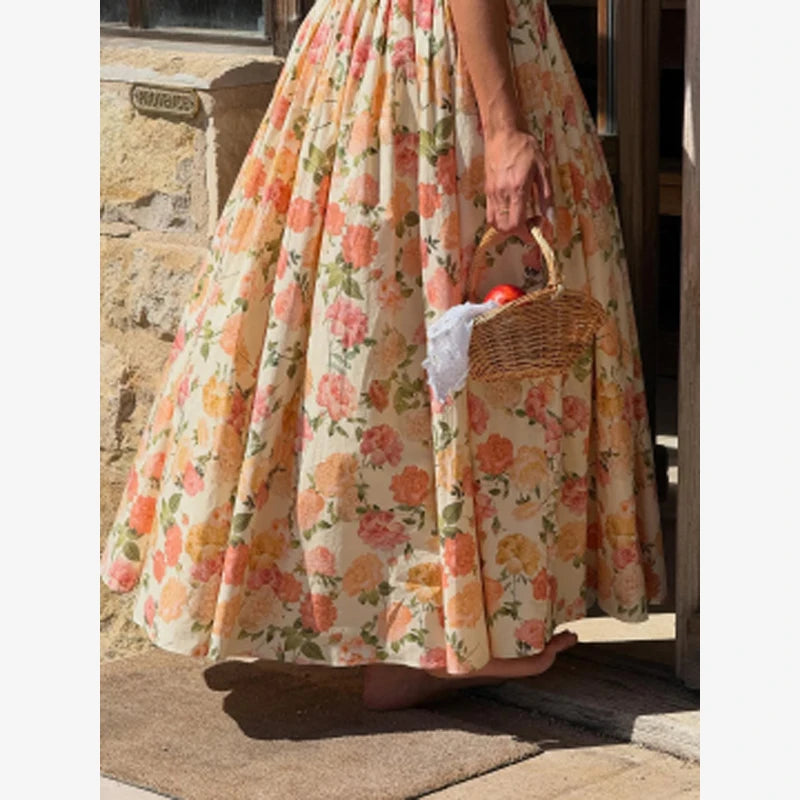 Women Chic Printed Gathered Large Swing Dress Sexy Sleeveless High Waist Slim Fit Sling Dresses 2026 New Lady Party Club Gowns