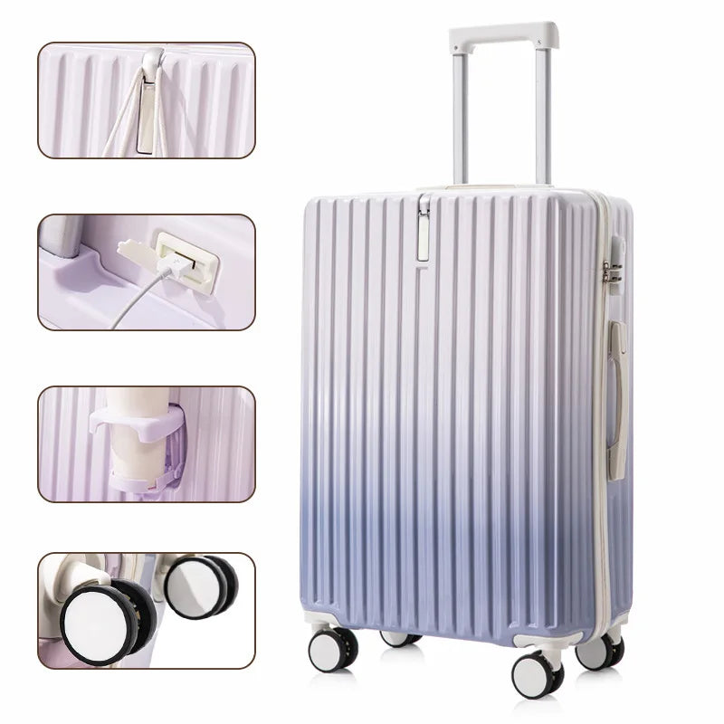 20/22/24 Inch Gradient Color Luggage Boarding Trolley Suitcase Safety Combination Lock Front Hook Silent Universal Roller