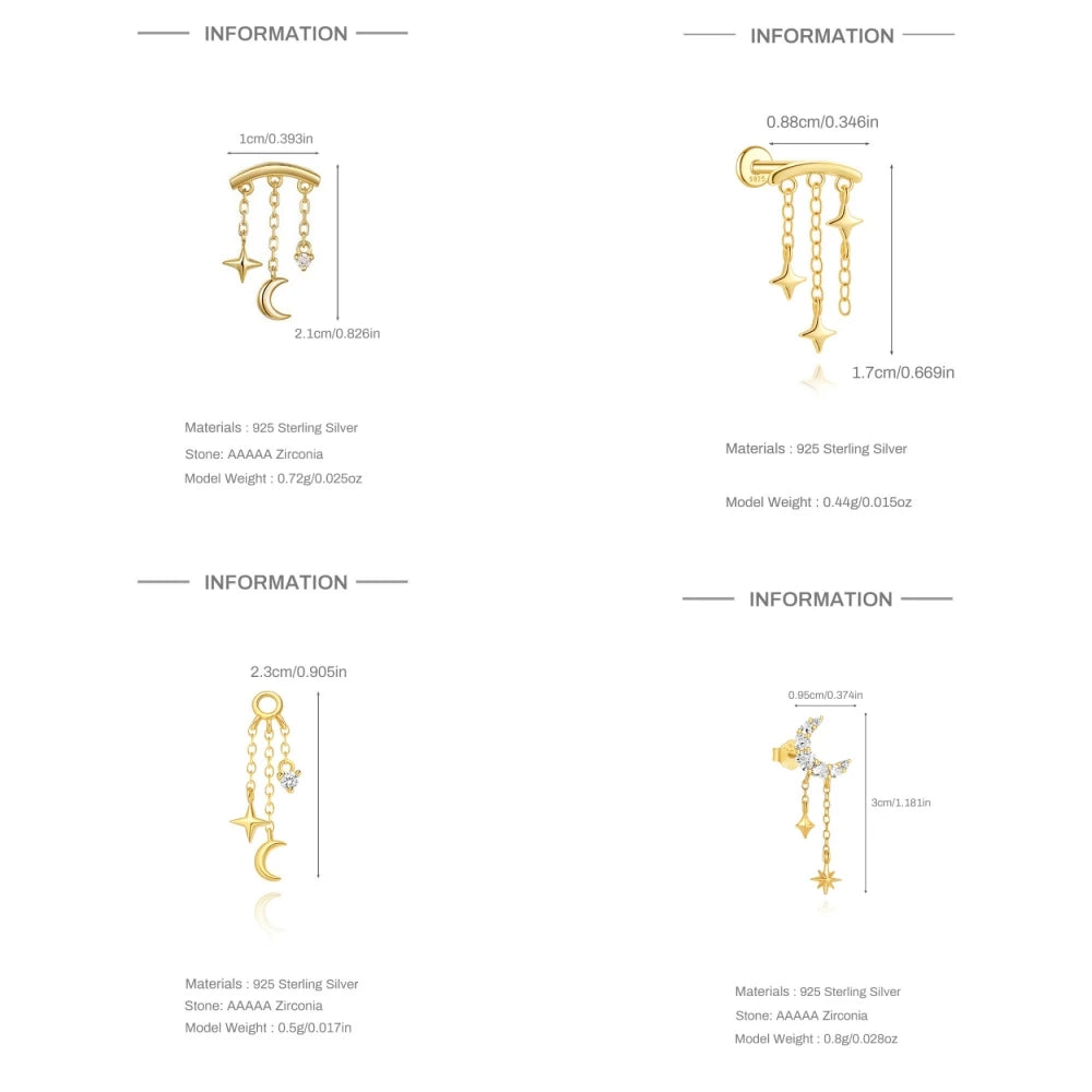 BOAKO Star Moon Chain Tassel  925 Sterling Silver Shiny For Woman Piercing Earring Fashion Dainty Luxury Style fine jewelry