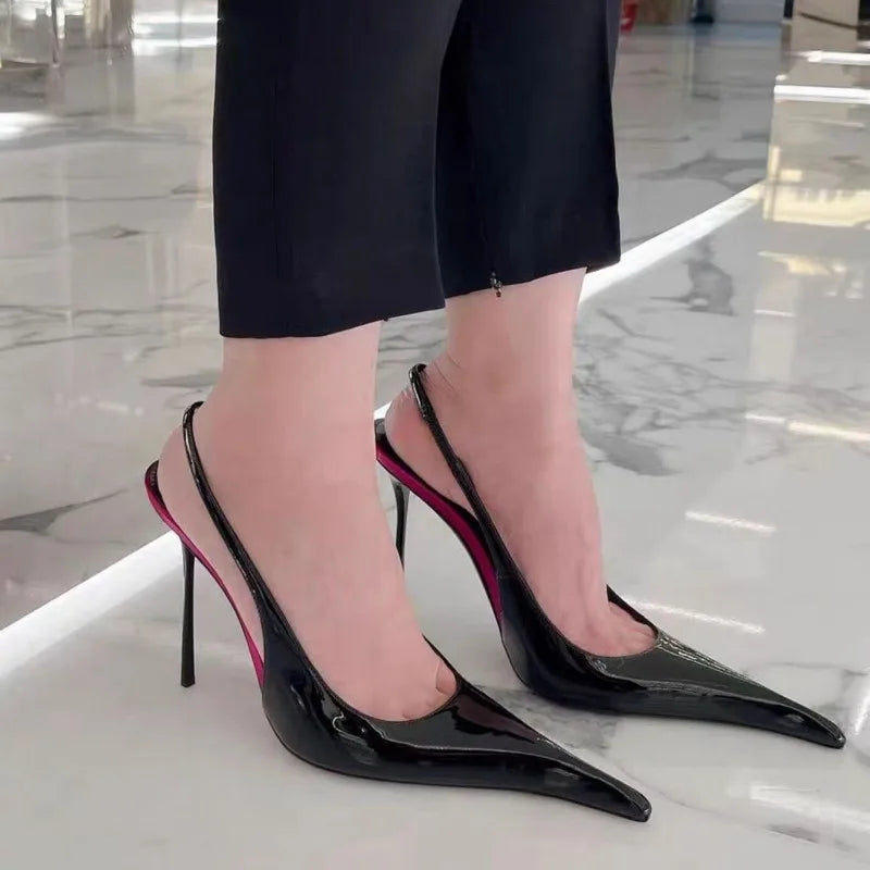 Fashion Non-Slip Wear-Resistant High Heels Women's Pointed Toe Patent Leather Slip-On Sandals