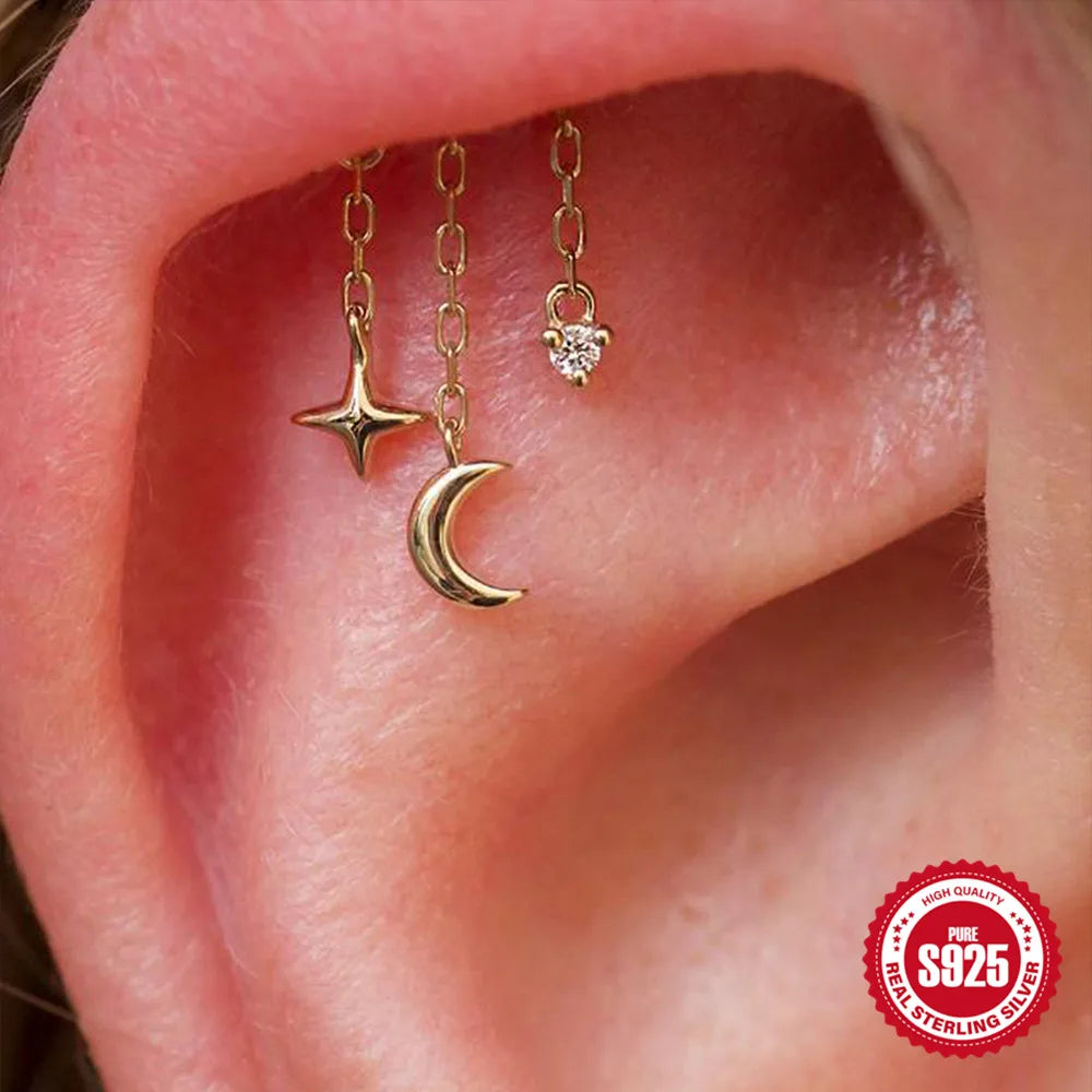 BOAKO Star Moon Chain Tassel  925 Sterling Silver Shiny For Woman Piercing Earring Fashion Dainty Luxury Style fine jewelry