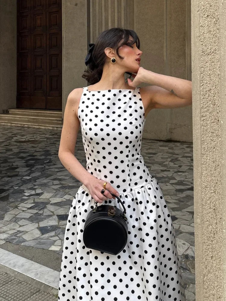 Elegant Solid Polka Dot Pleated Slim Vestido Women Chic Sleeveless Off Shoulder Round Neck Maxi Dresses Summer Dinner Party Wear