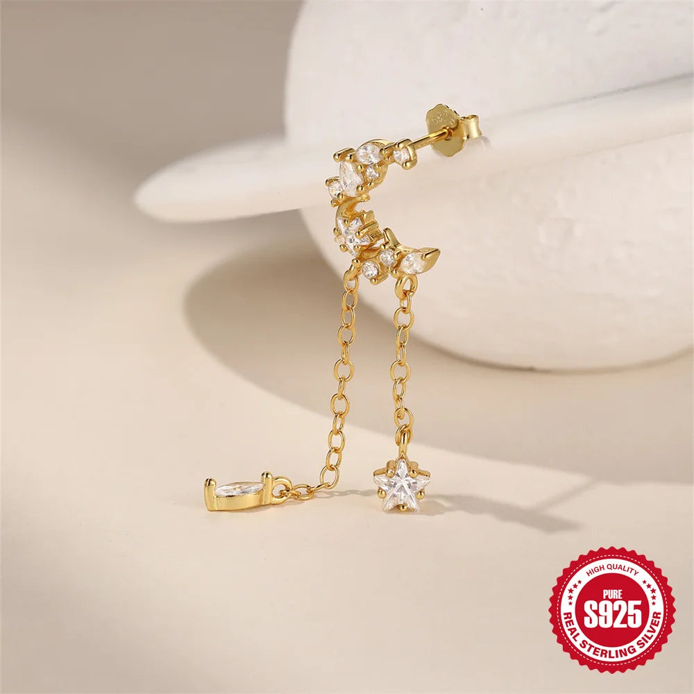 BOAKO Star Moon Chain Tassel  925 Sterling Silver Shiny For Woman Piercing Earring Fashion Dainty Luxury Style fine jewelry